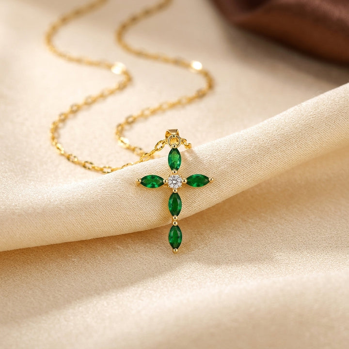 Gold Emerald Marquise Cross Necklace by Harrison & James - necklace product image 1