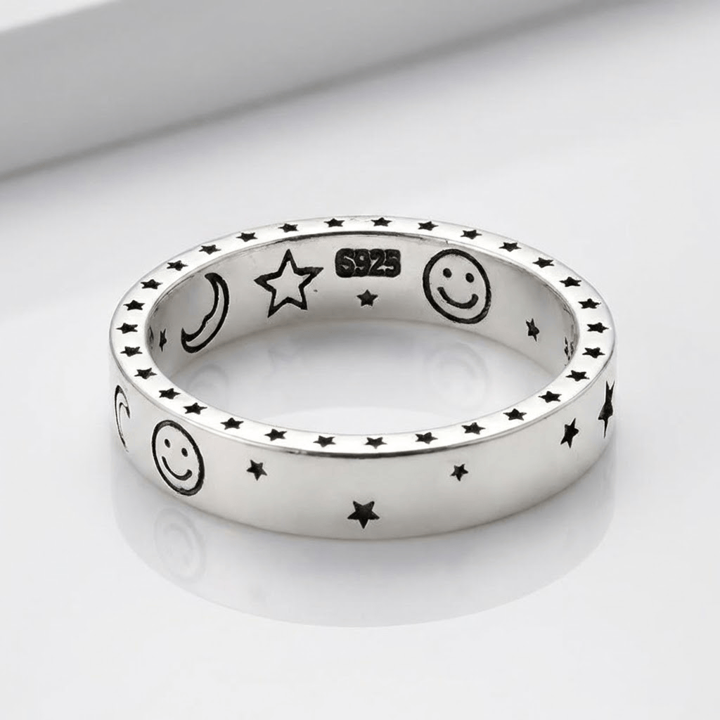 HAPPY MOON & STARS SILVER BAND RING - (ADJUSTABLE) by Harrison & James - ring product image 1