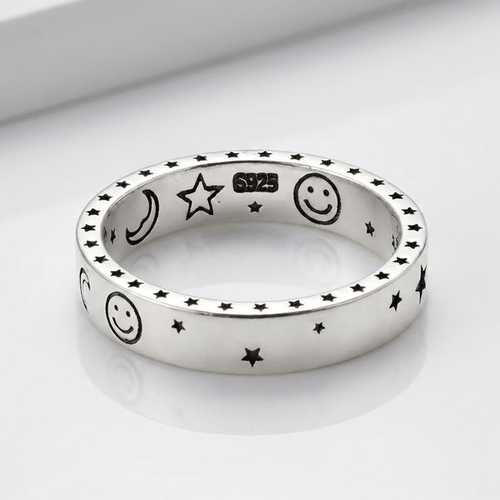 HAPPY MOON & STARS SILVER BAND RING - (ADJUSTABLE) by Harrison & James - ring product image 1