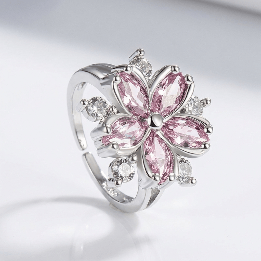 PINK CHERRY BLOSSOM CRYSTAL SILVER RING - (ADJUSTABLE) by Harrison & James - ring product image 1