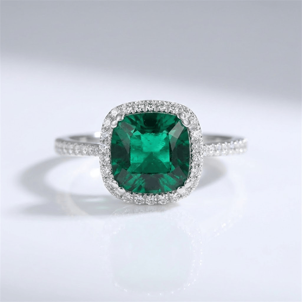 GREEN EMERALD CUSHION HALO RING by Harrison & James - ring product image 1