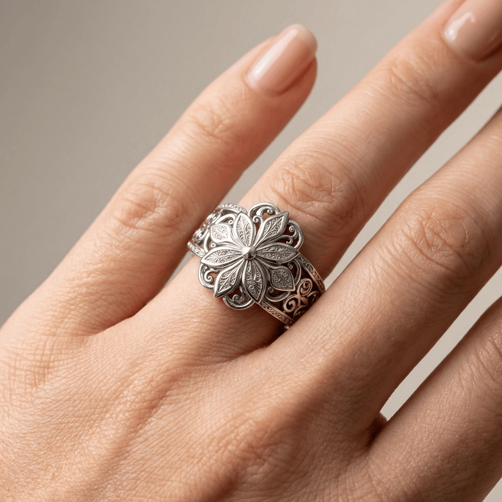 SILVER FLOWER ZIRCONIA RING by Harrison & James - ring product image 2