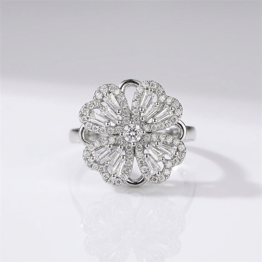 BAGUETTE ZIRCONIA ROTATING FLOWER RING - (ADJUSTABLE) by Harrison & James - ring product image 3