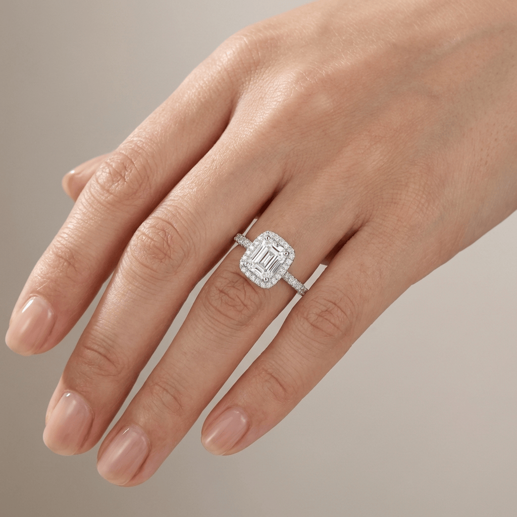 EMERALD CUT ZIRCONIA SILVER HALO RING by Harrison & James - ring product image 2
