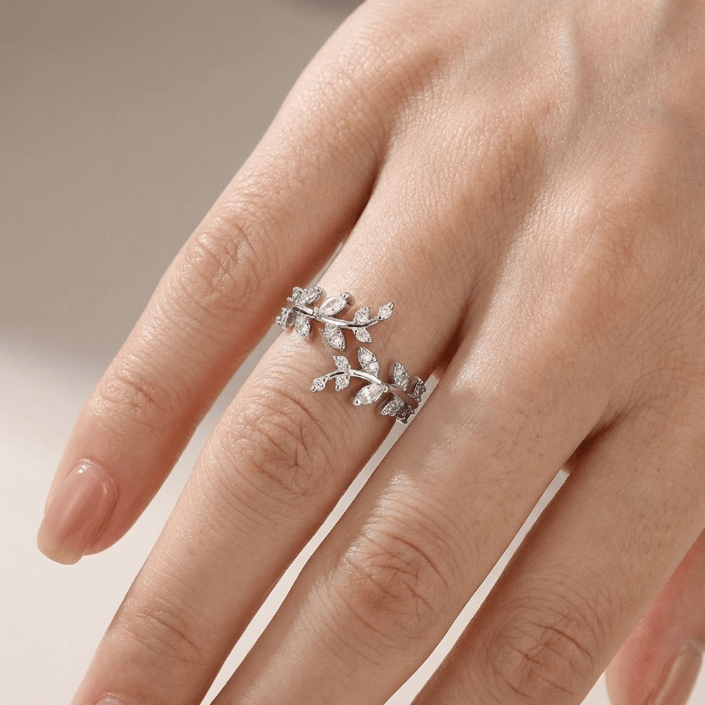 CRYSTAL LEAF VINE SILVER RING - (ADJUSTABLE) by Harrison & James - ring product image 2