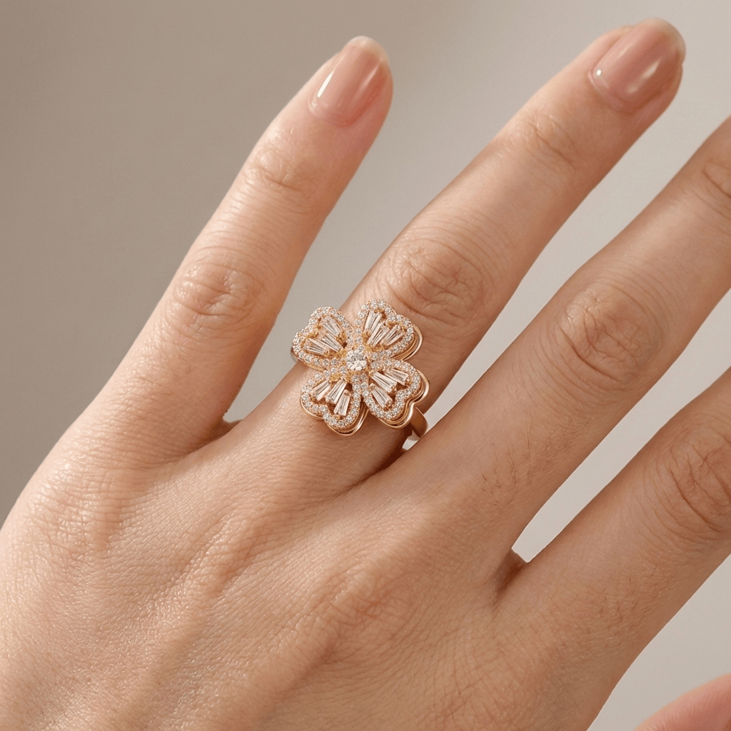 BAGUETTE ZIRCONIA ROTATING FLOWER RING - (ADJUSTABLE) by Harrison & James - ring product image 2