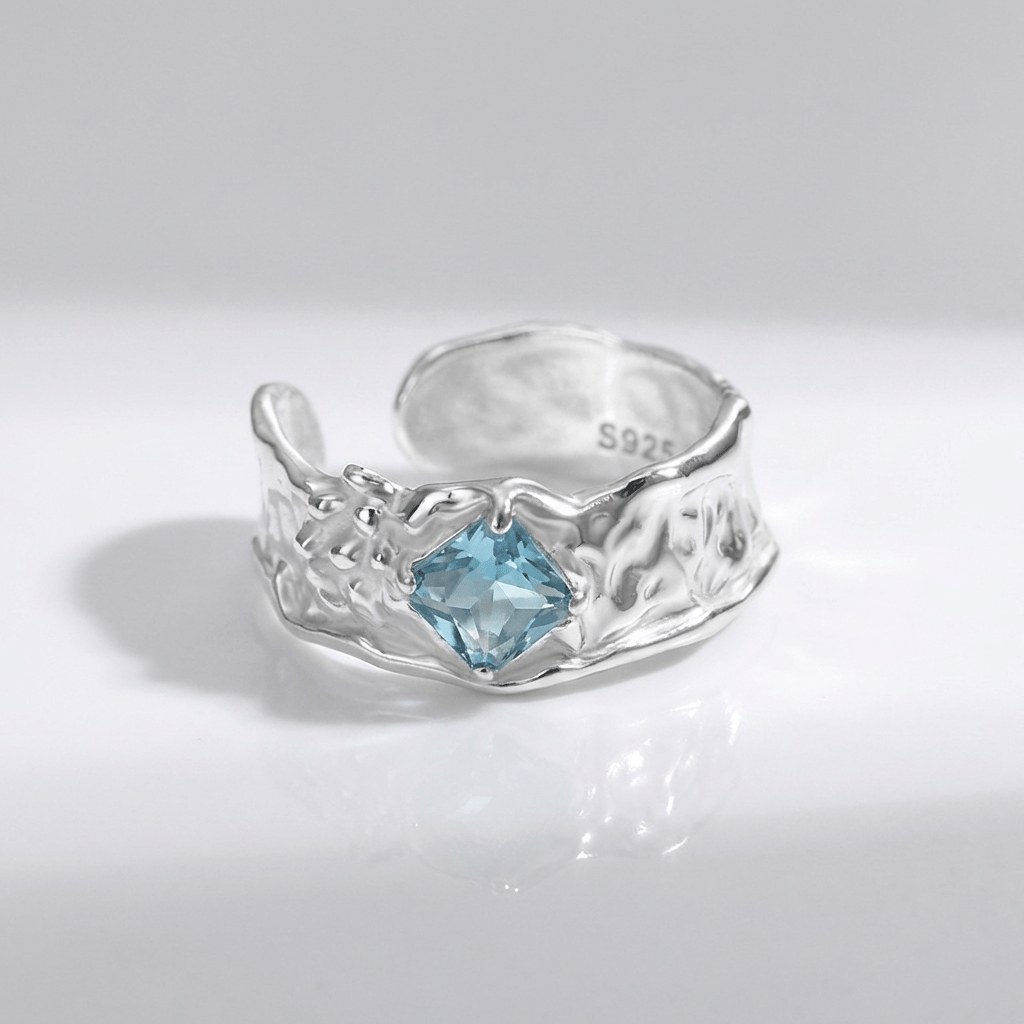 SILVER AQUAMARINE TEXTURED RING - (ADJUSTABLE) by Harrison & James - ring product image 1