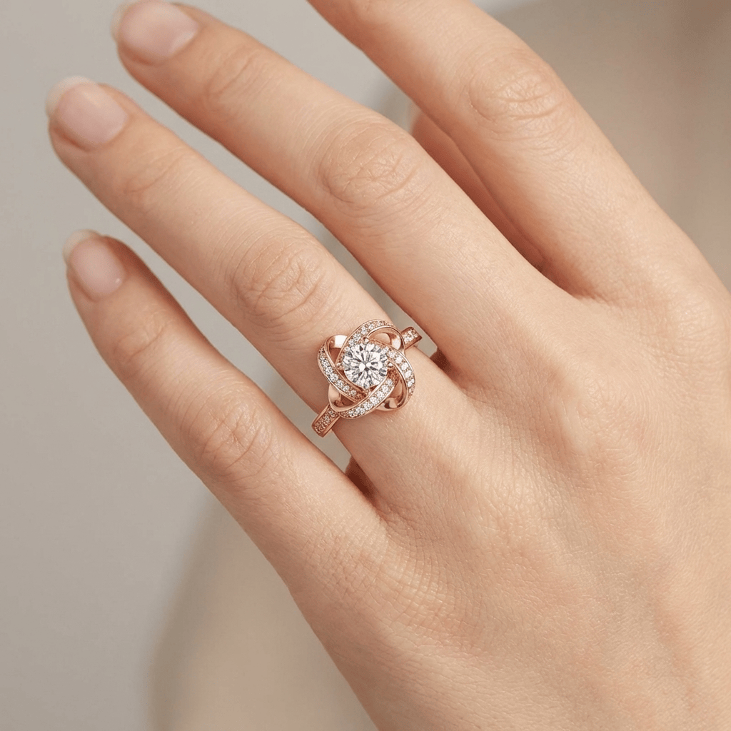 ROSE GOLD ZIRCONIA TWISTED KNOT RING - (ADJUSTABLE) by Harrison & James - ring product image 2