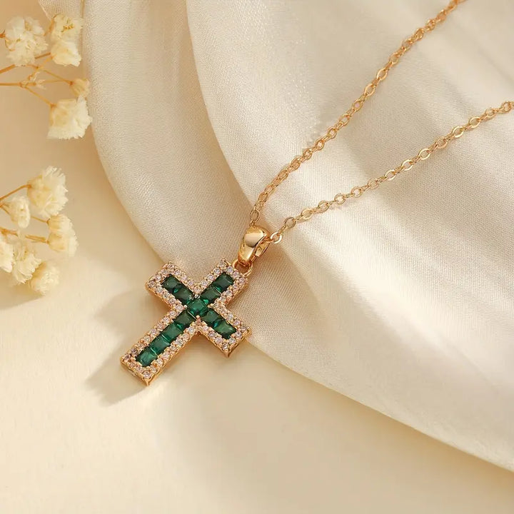 Solene Emerald Cross Pendant Necklace | Gold by Harrison & James - necklace product image 1
