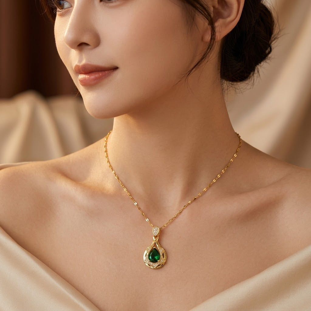 Gold Emerald Teardrop Pendant Necklace by Harrison & James - necklace product image 3