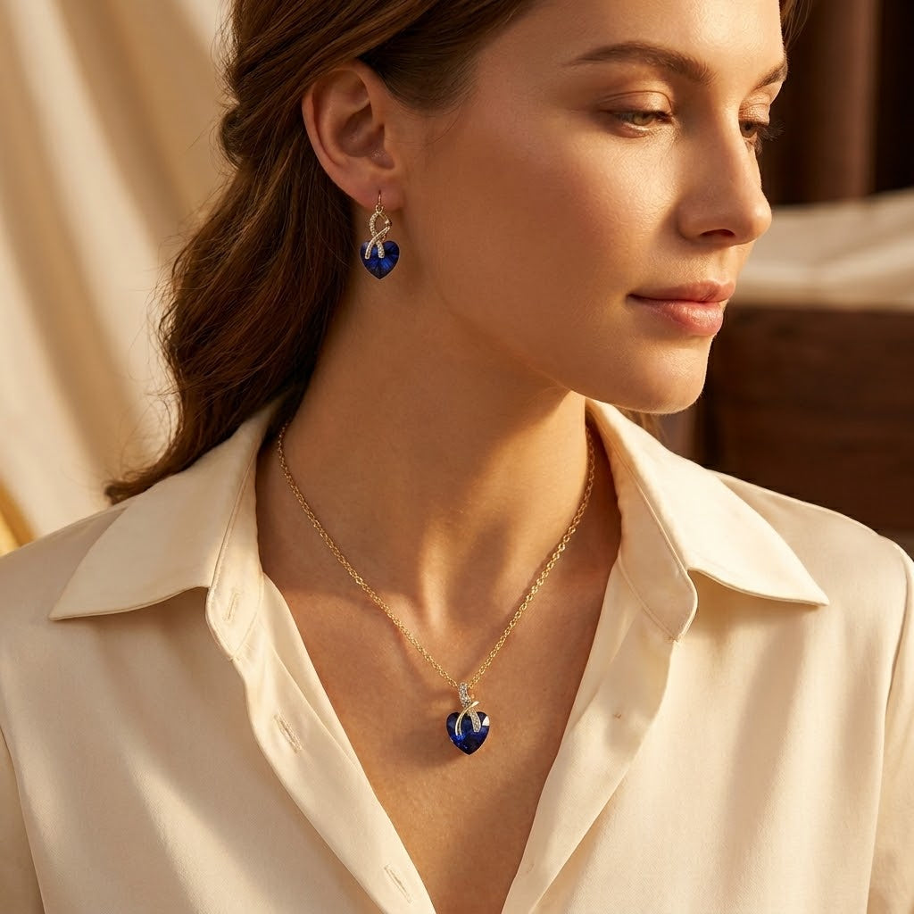 Gold Sapphire Heart Necklace and Earrings Set by Harrison & James - earrings product image 2
