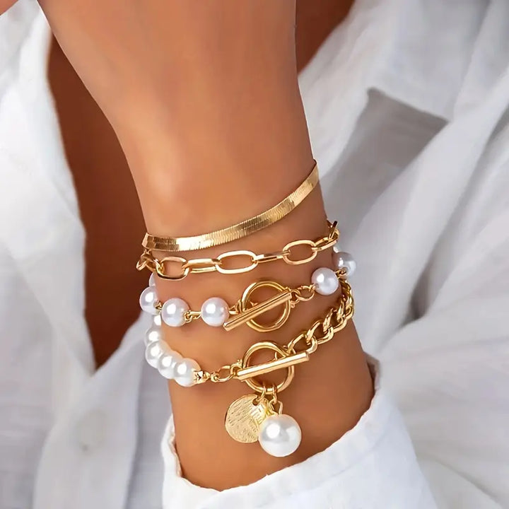 Chic Gold 4-Piece Bracelet Set – Snake, Pearls & Links | Gold by Harrison & James - bracelet product image 1