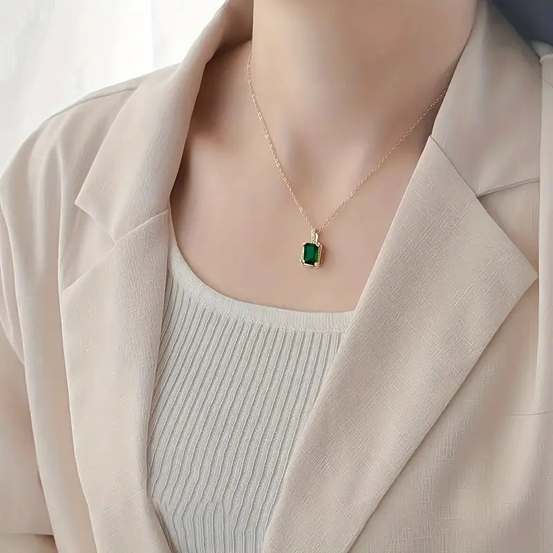 Gold Emerald Rectangular Halo Necklace by Harrison & James - necklace product image 3