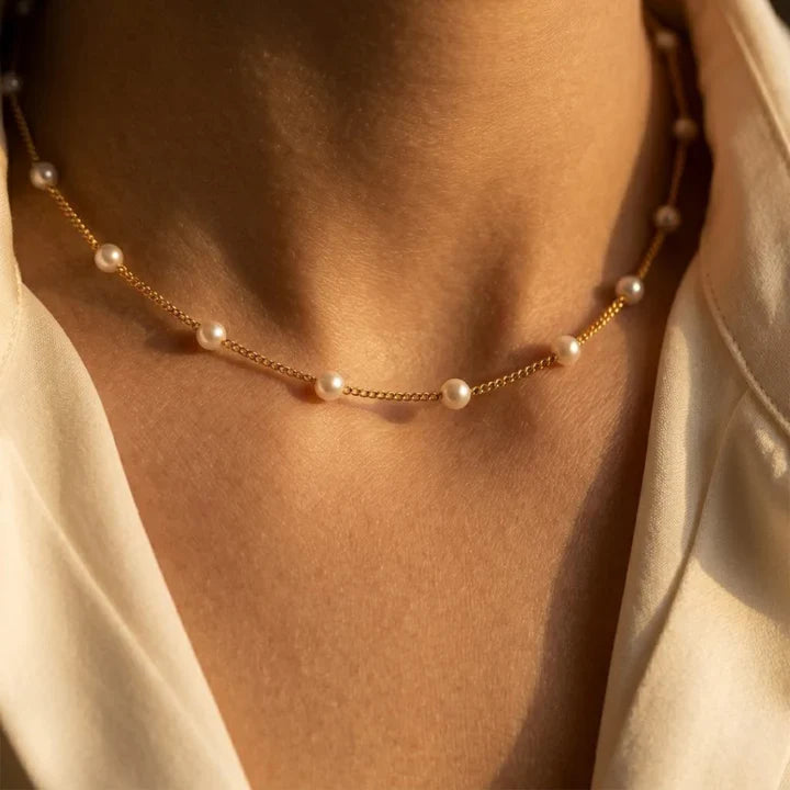 Gold Spaced Pearl Chain Necklace by Harrison & James - necklace product image 2