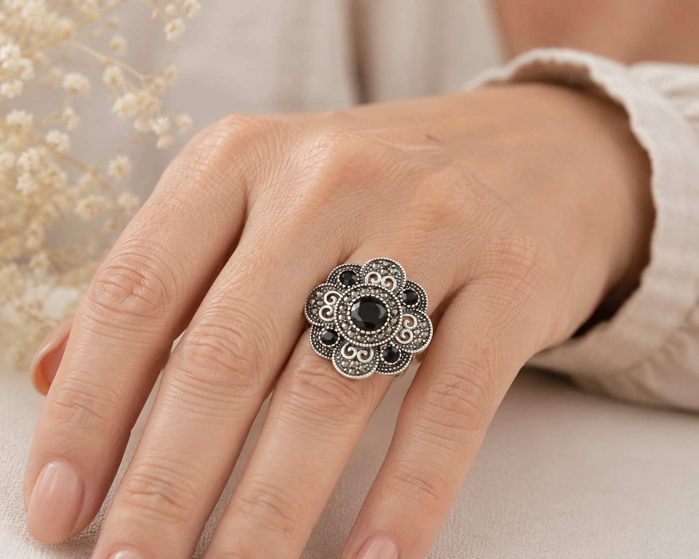 SILVER DIAMOND FLOWER BURST RING by Harrison & James - ring product image 2