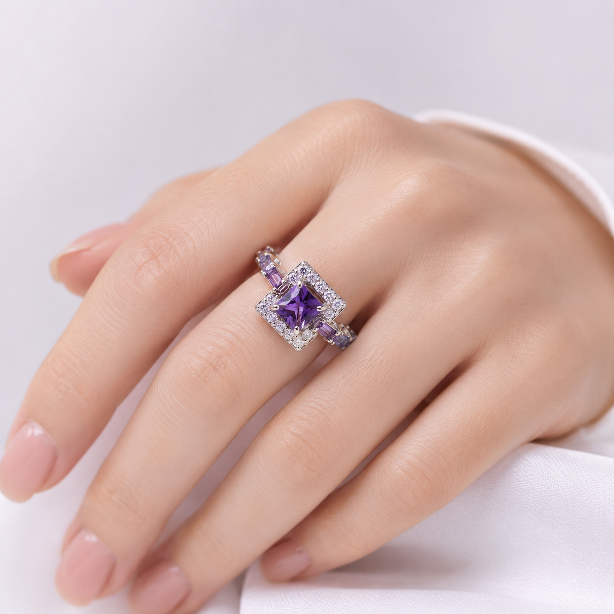SILVER PURPLE GEMSTONE SQUARE RING by Harrison & James - ring product image 1