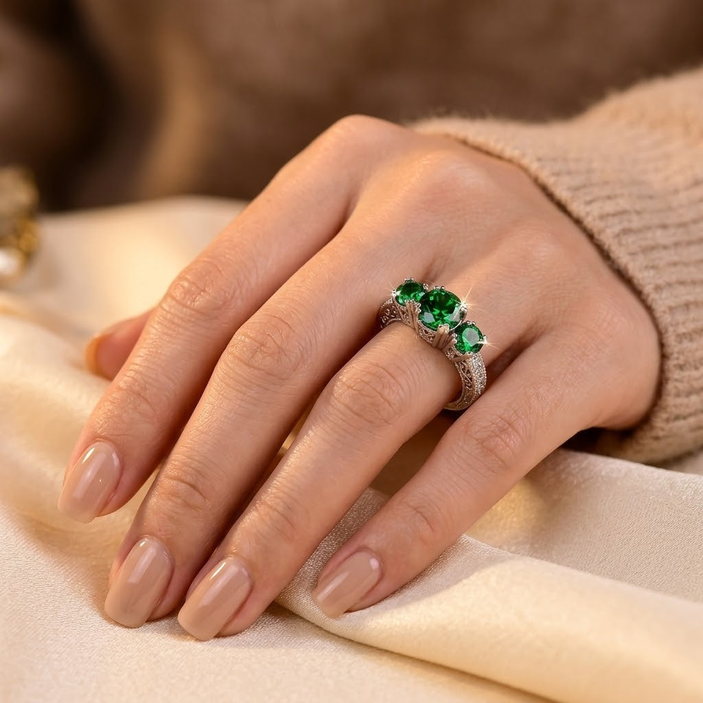 Silver Emerald Three-Stone Ring by Harrison & James - ring product image 2