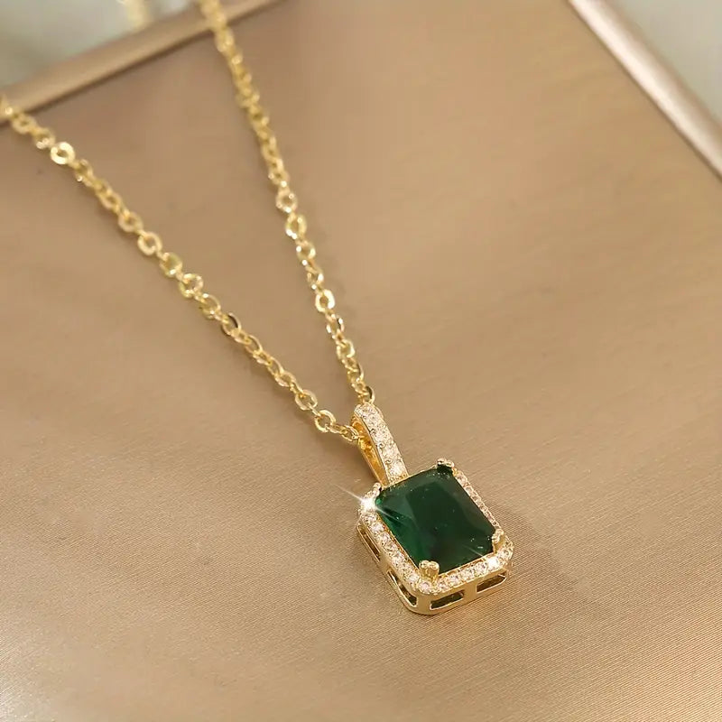 Gold Emerald Rectangular Halo Necklace by Harrison & James - necklace product image 2