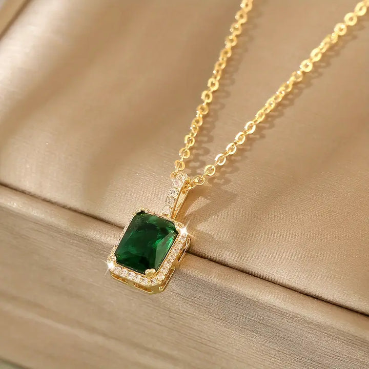 Gold Emerald Rectangular Halo Necklace by Harrison & James - necklace product image 1