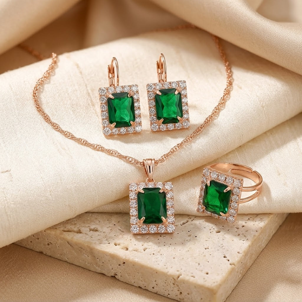 Gold Emerald Rectangular Jewelry Set by Harrison & James - jewelry set product image 1