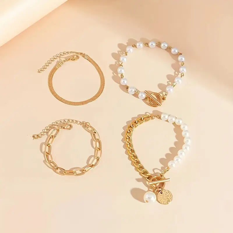 Chic Gold 4-Piece Bracelet Set – Snake, Pearls & Links | Gold by Harrison & James - bracelet product image 4