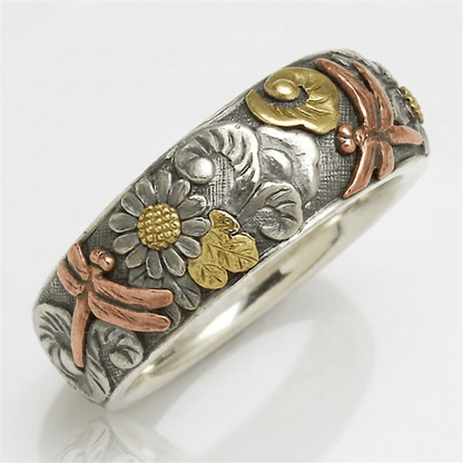 HANDMADE DRAGONFLY & SUNFLOWER VINTAGE SILVER RING by Harrison & James - ring product image 1