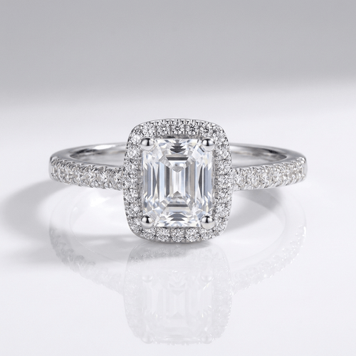 EMERALD CUT ZIRCONIA SILVER HALO RING by Harrison & James - ring product image 1